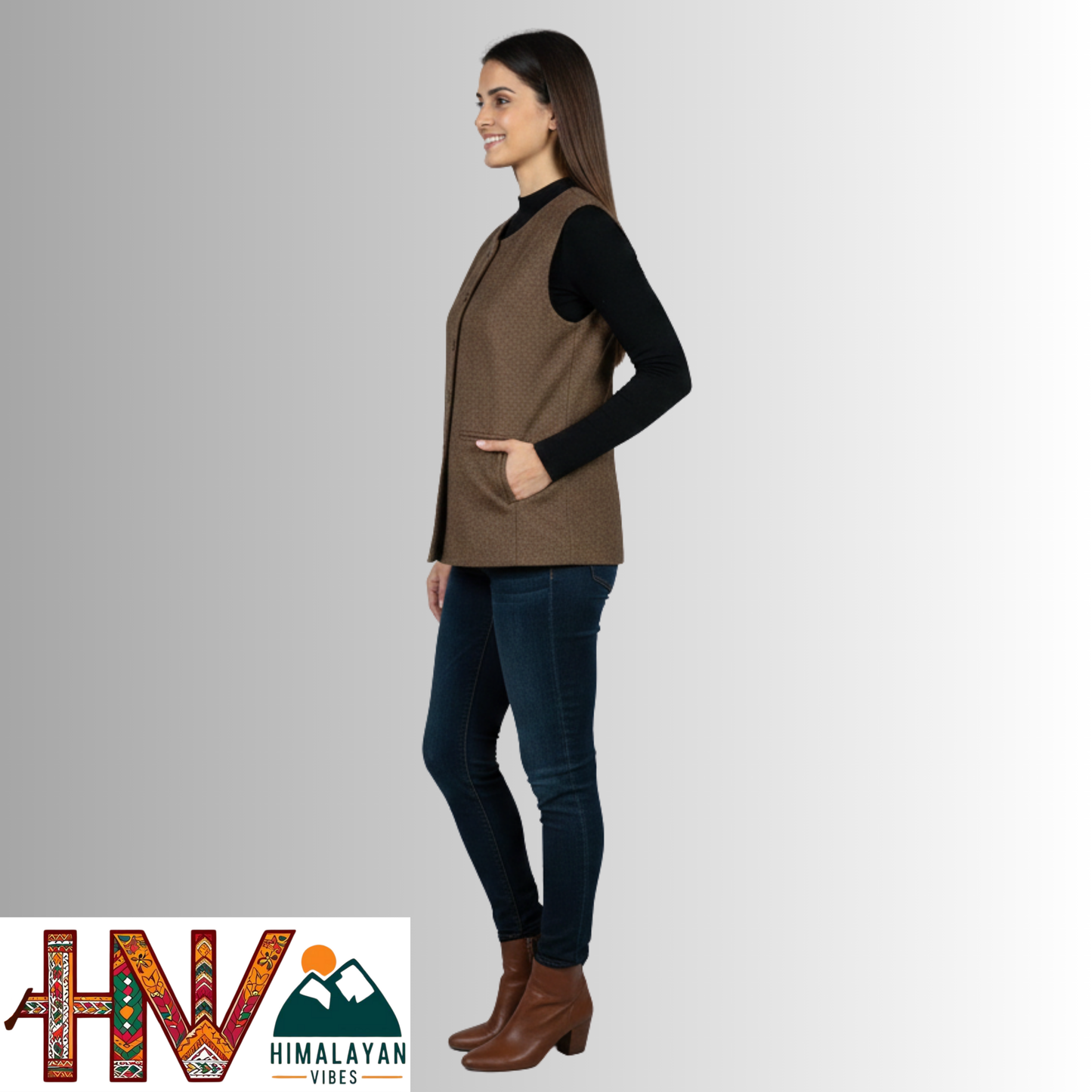 Himachali Plain coffee brown Sadri for Women - Martin Fabric Ethnic Half Jacket with Pockets
