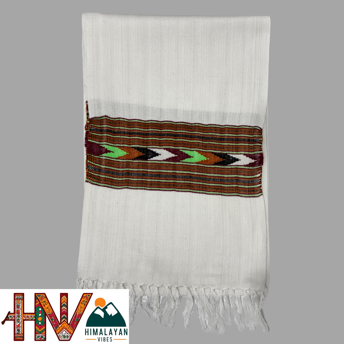 Traditional Kullu Patti Design Wool Muffler | White Handloom Scarf with Vibrant Geometric Strip By Himalayan Vibes