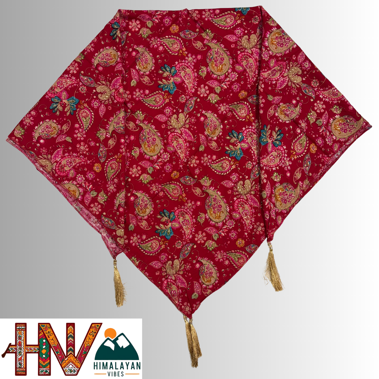 Himalayan Vibes Red Color Himachali Dhatu with Leaf Print - Handcrafted Traditional Head Scarf from Himalayas