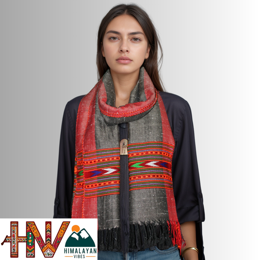 Handwoven Classic Charcoal Kullu Wool Stole with Vibrant Patti Border – Handwoven Elegance By Himalayan Vibes
