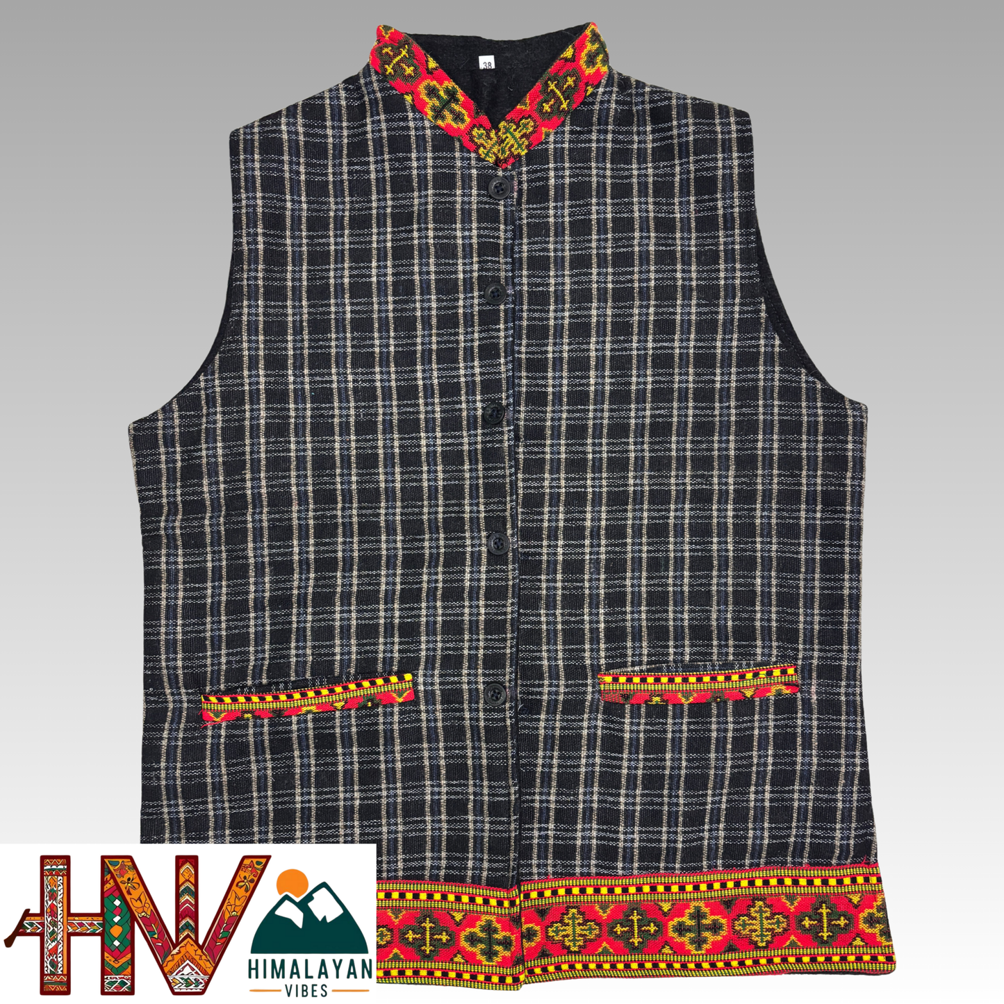 Women's Checked Black Woolen Sadri with Kullu Patti - Elegant Traditional Wear by Himalayan Vibes