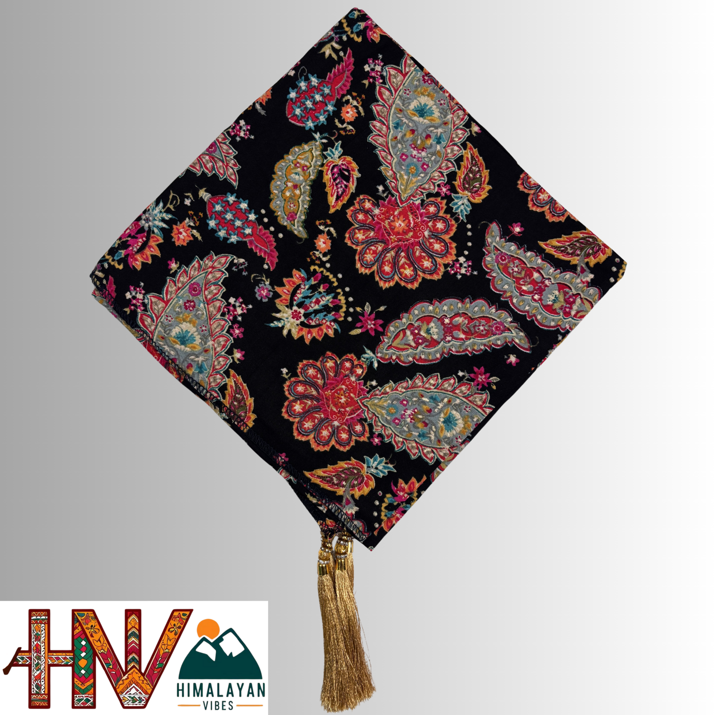 Himalayan Vibes Black Color Himachali Dhatu with Leaf Print - Handcrafted Traditional Head Scarf from Himalayas