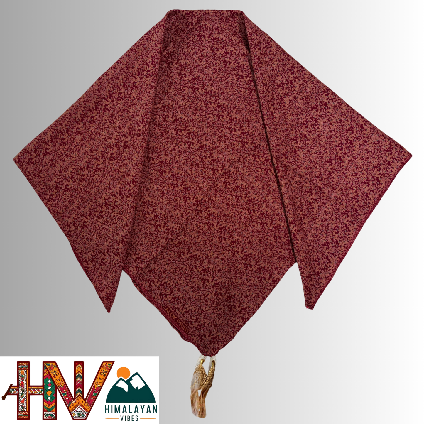 Alpine Maroon Color Leaf Printed Himachali Dhatu - Handcrafted Traditional Head Scarf from Himalayas