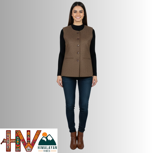 Himachali Plain coffee brown Sadri for Women - Martin Fabric Ethnic Half Jacket with Pockets