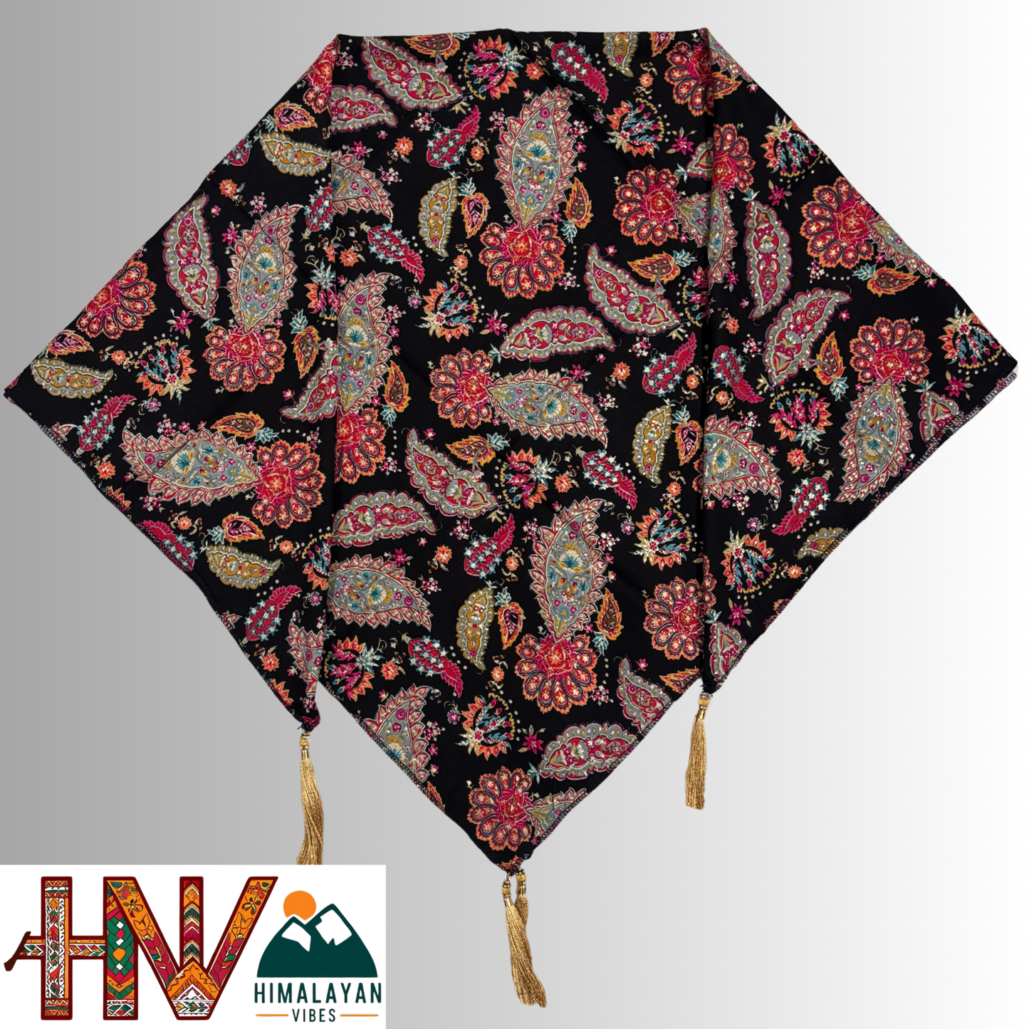 Himalayan Vibes Black Color Himachali Dhatu with Leaf Print - Handcrafted Traditional Head Scarf from Himalayas