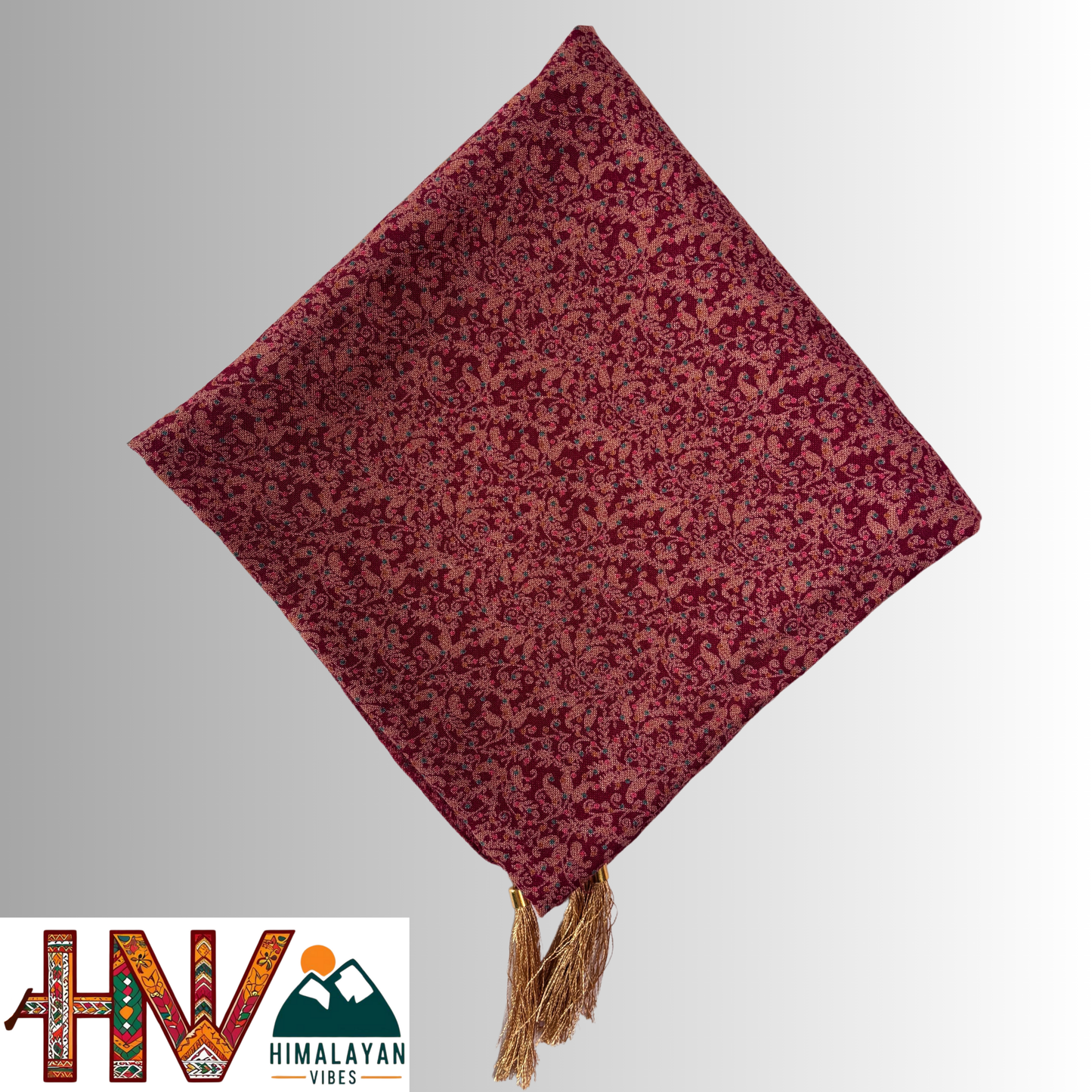 Alpine Maroon Color Leaf Printed Himachali Dhatu - Handcrafted Traditional Head Scarf from Himalayas