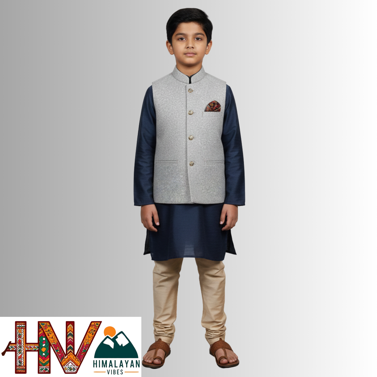 Boys Sleeveless Light Grey Nehru Jacket in Martin Fabric – Handcrafted Himachali Ethnic Waistcoat with Designer Pocket Square