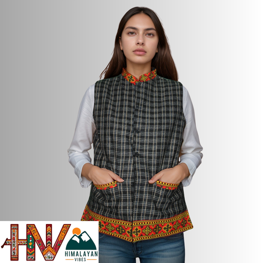 Women's Checked Black Woolen Sadri with Kullu Patti - Elegant Traditional Wear by Himalayan Vibes