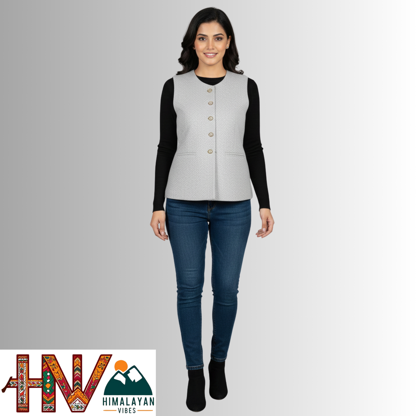 Himachali Plain Cream Sadri  for Women - Martin Fabric Ethnic Half Jacket with Pockets