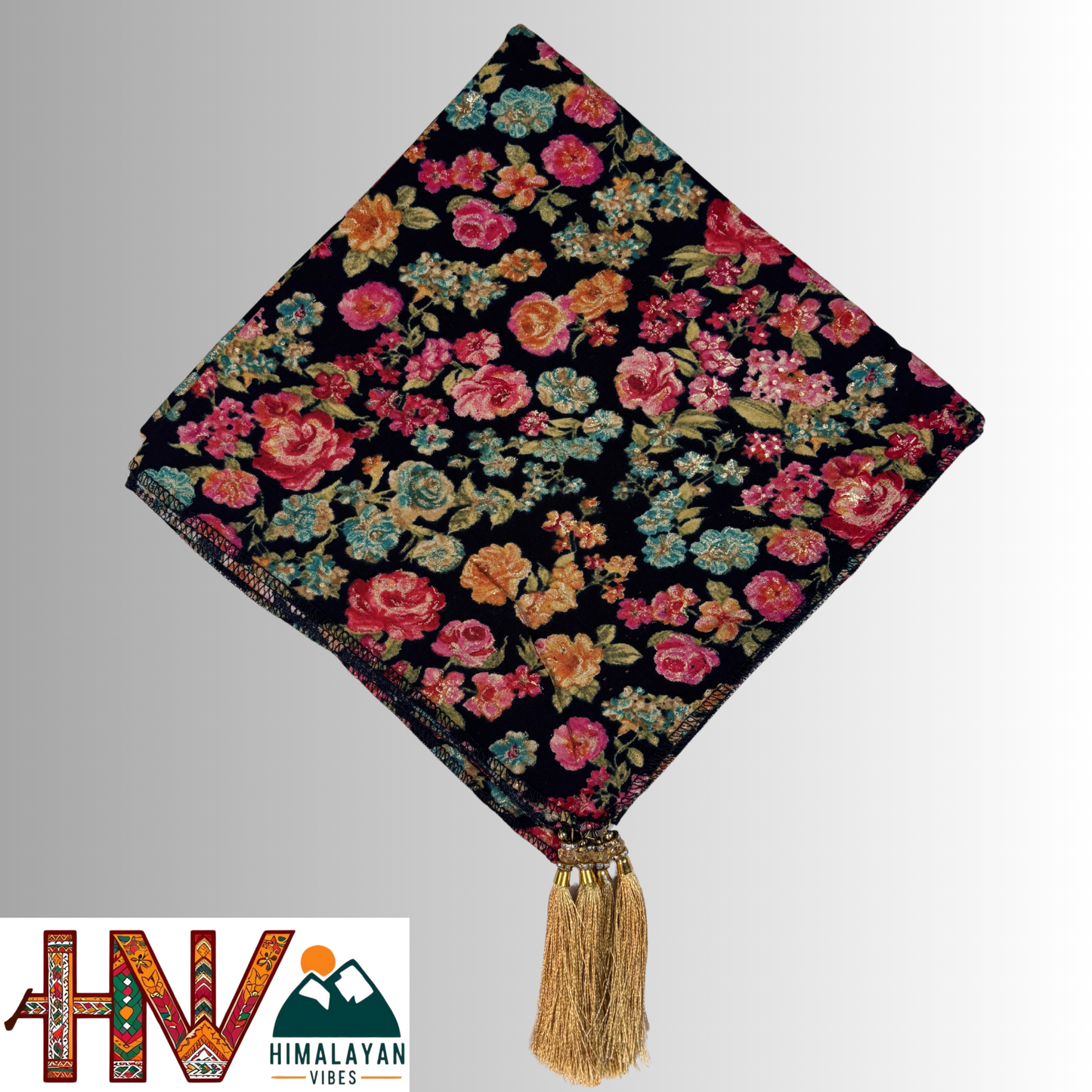 Himalayan Vibes Black Color Himachali Dhatu with Rose Print - Handcrafted Traditional Head Scarf from Himalayas