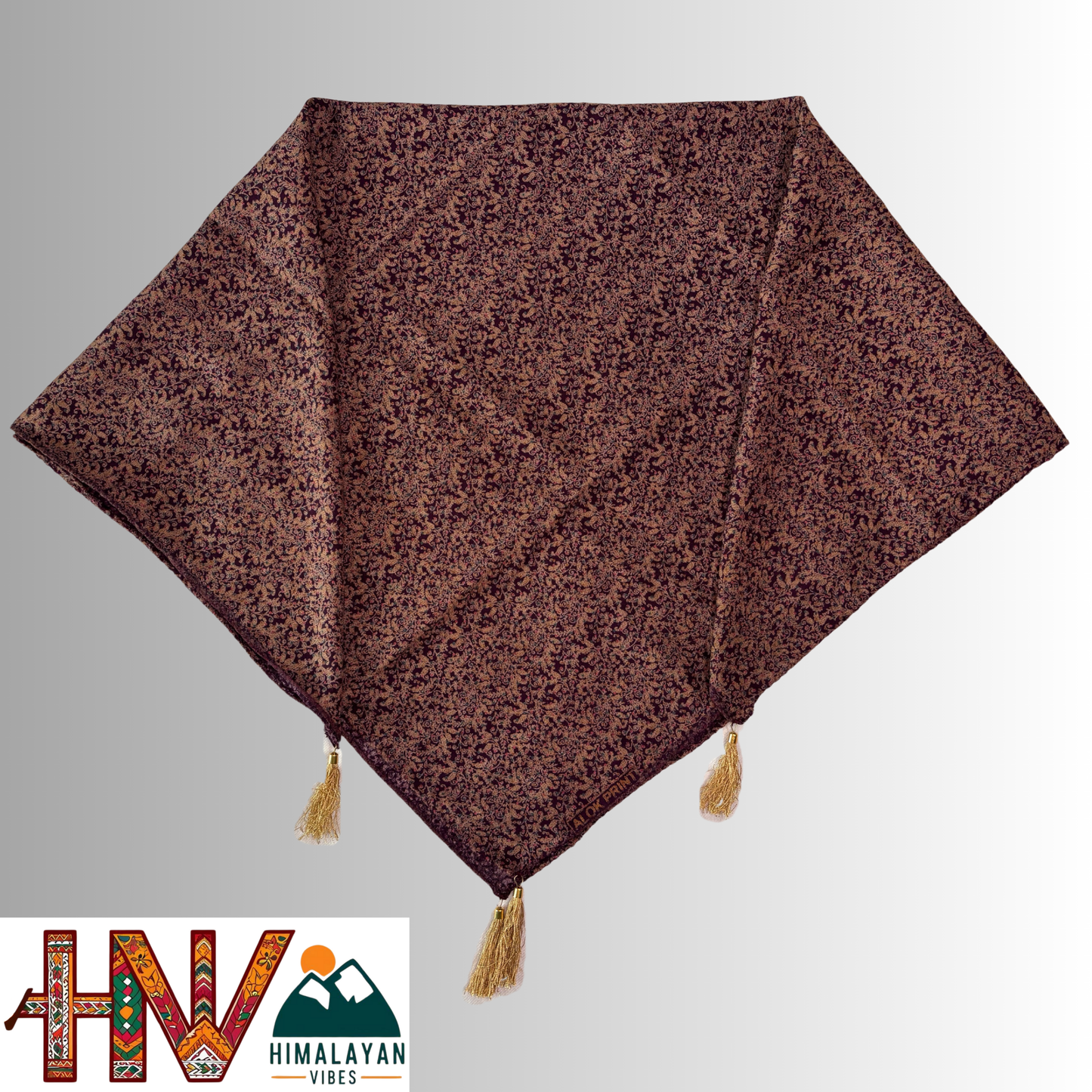Alpine Wine Color Leaf Printed Himachali Dhatu - Handcrafted Traditional Head Scarf from Himalayas