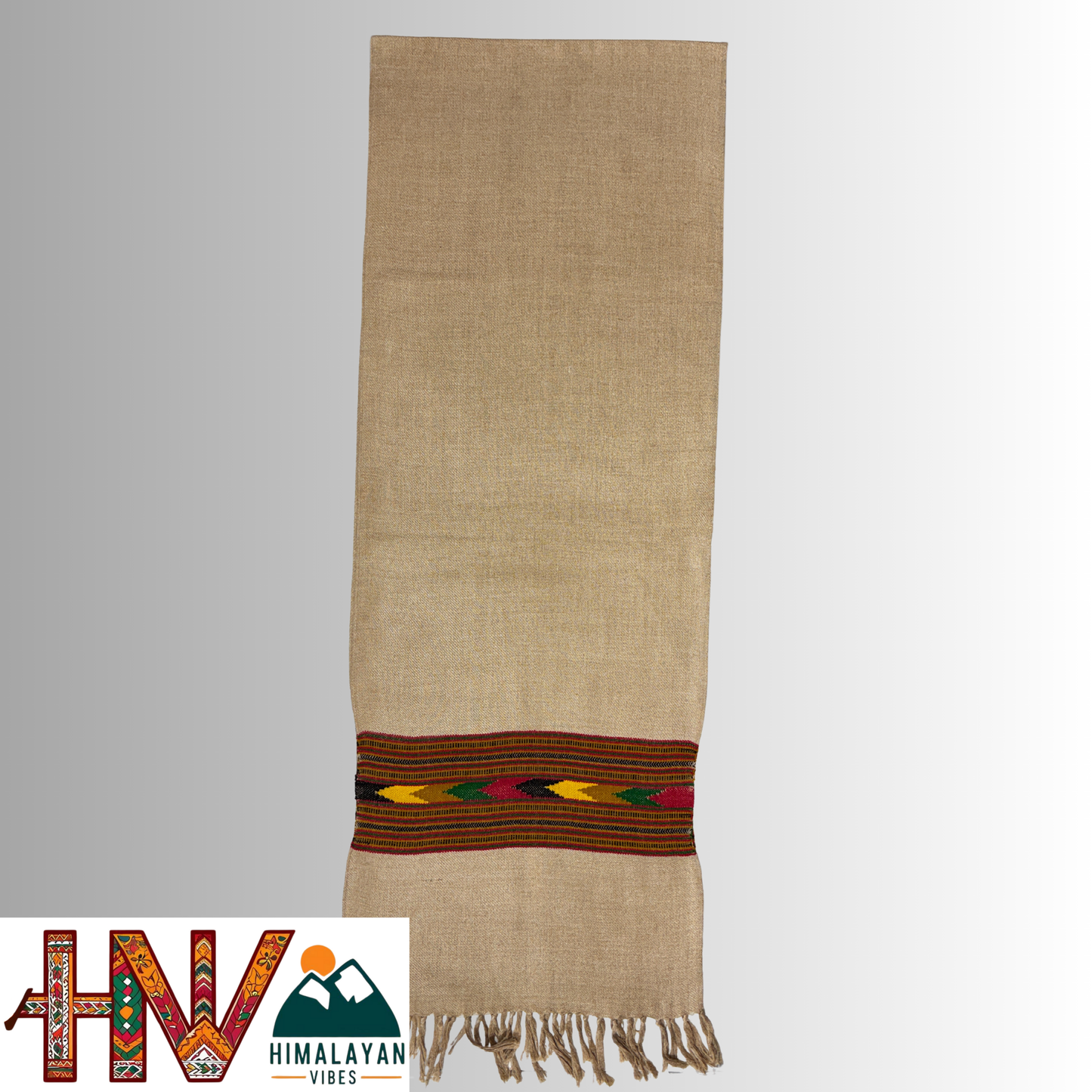 Traditional Kullu Patti Design Wool Muffler | Fawn Handloom Scarf with Earthy Geometric Strip By Himalayan Vibes
