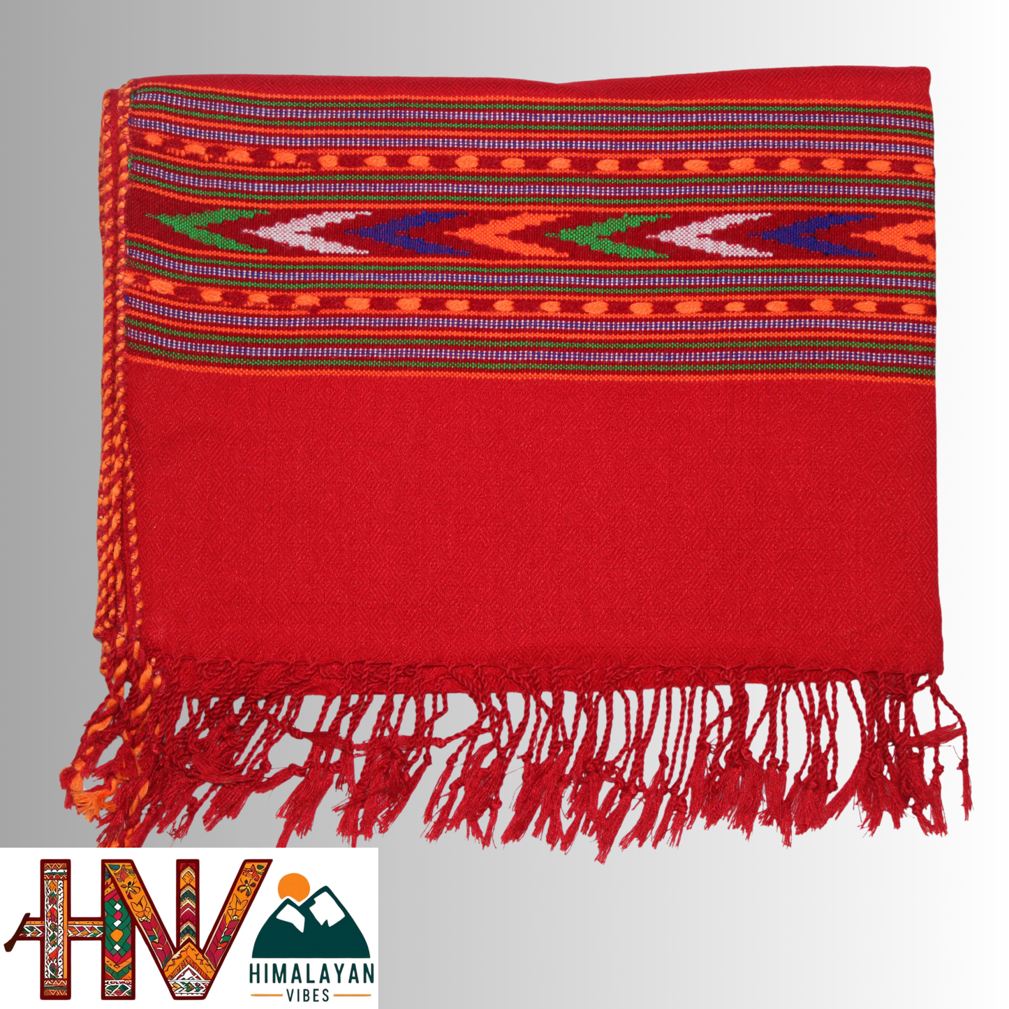 Handwoven Himalayan Red Wool Stole – Red & Blue Striped with Geometric Motif Border By Himalayan Vibes