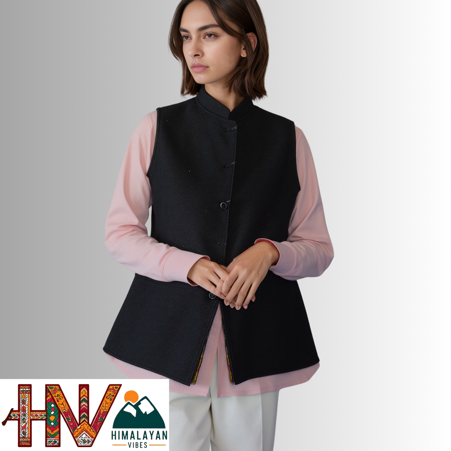 Women's Checked Black Woolen Sadri with Kullu Patti - Elegant Traditional Wear by Himalayan Vibes