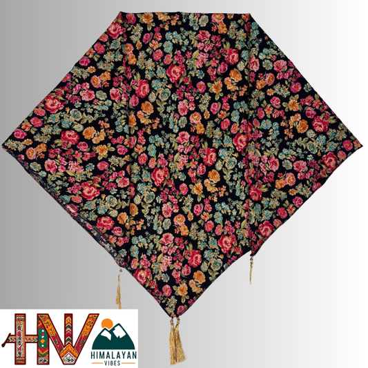 Himalayan Vibes Black Color Himachali Dhatu with Rose Print - Handcrafted Traditional Head Scarf from Himalayas