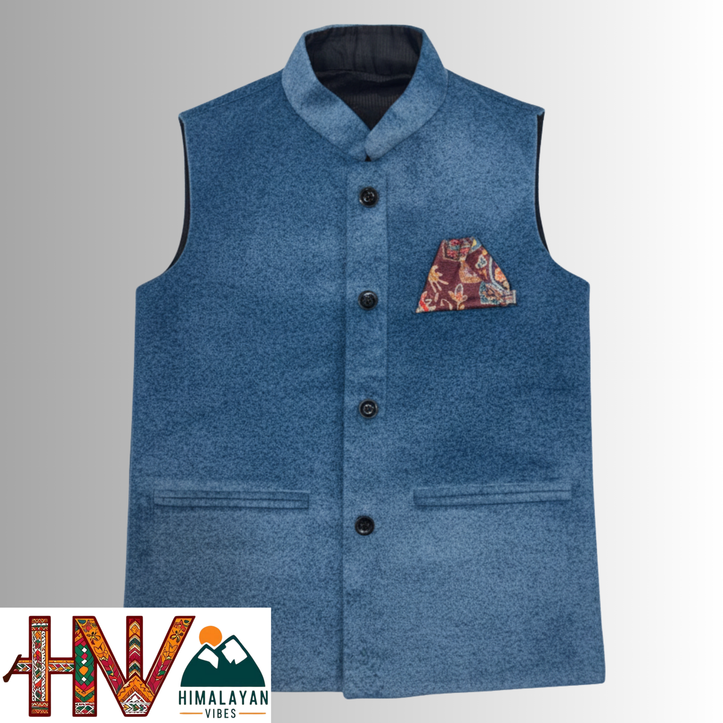 Boys Sleeveless Nehru Jacket in Blue Martin Fabric – Handcrafted Himachali Wool Blend Waistcoat with Designer Pocket Square