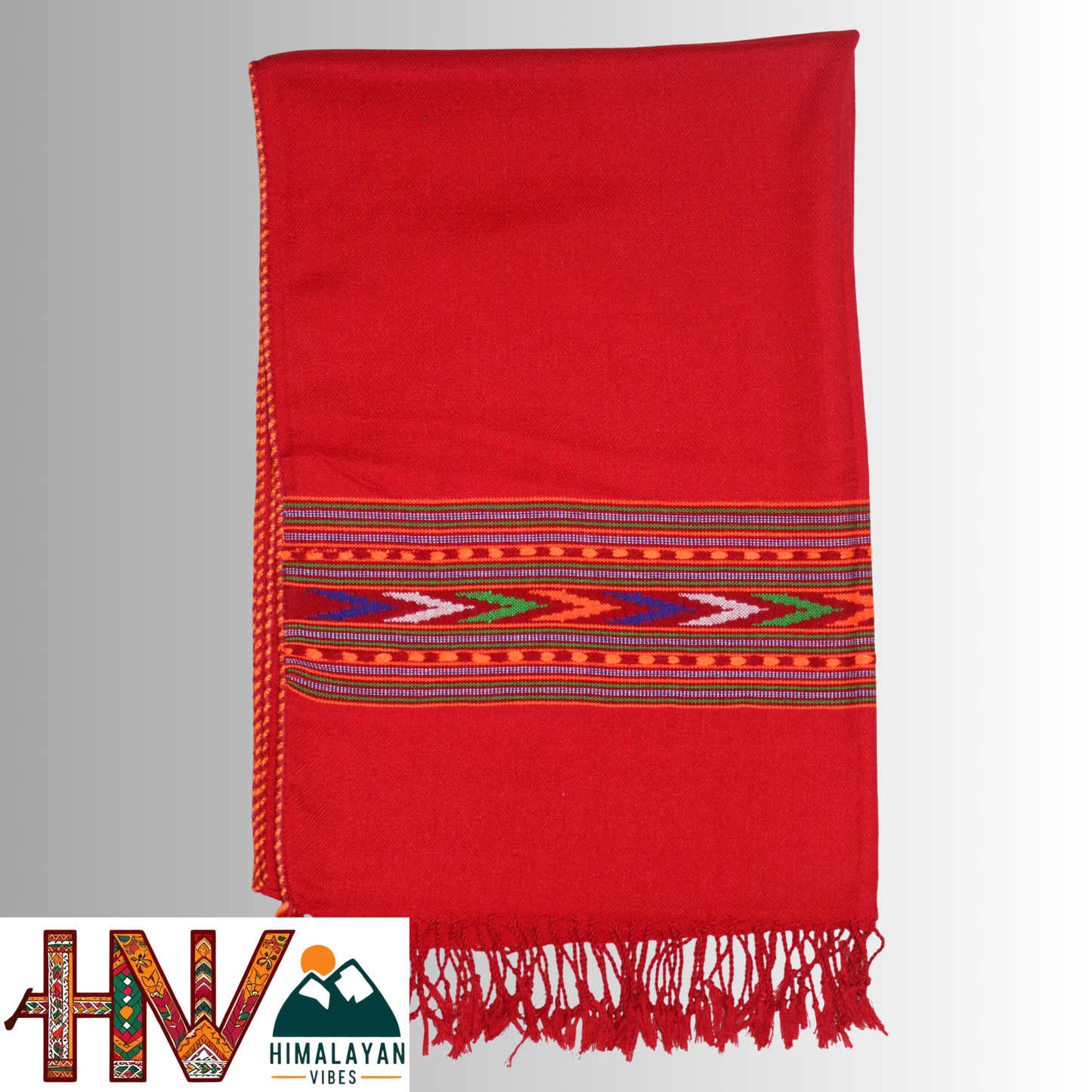Handwoven Himalayan Red Wool Stole – Red & Blue Striped with Geometric Motif Border By Himalayan Vibes
