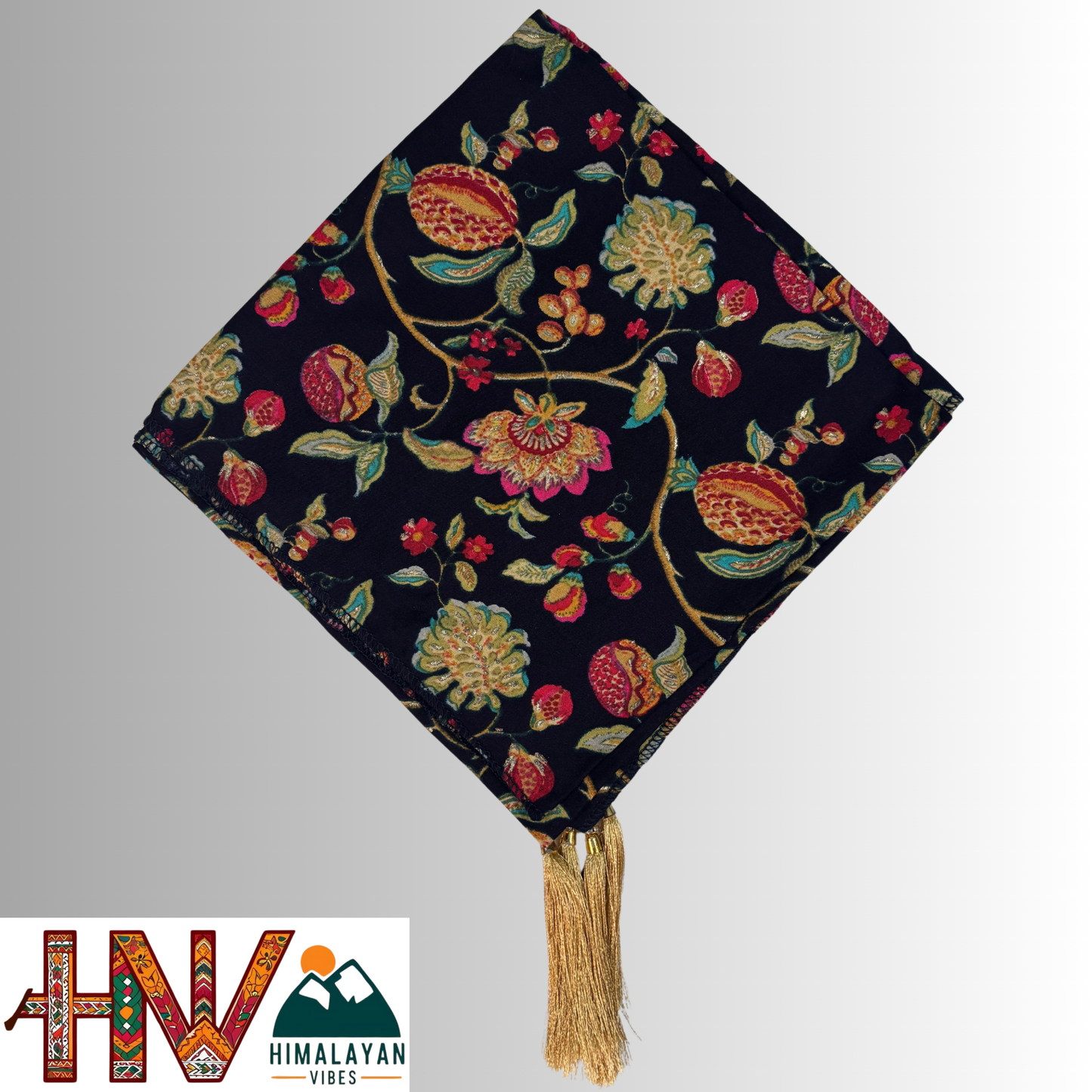 Himalayan Vibes Black Color Himachali Dhatu with Flower Print  - Handcrafted Traditional Head Scarf from Himalayas