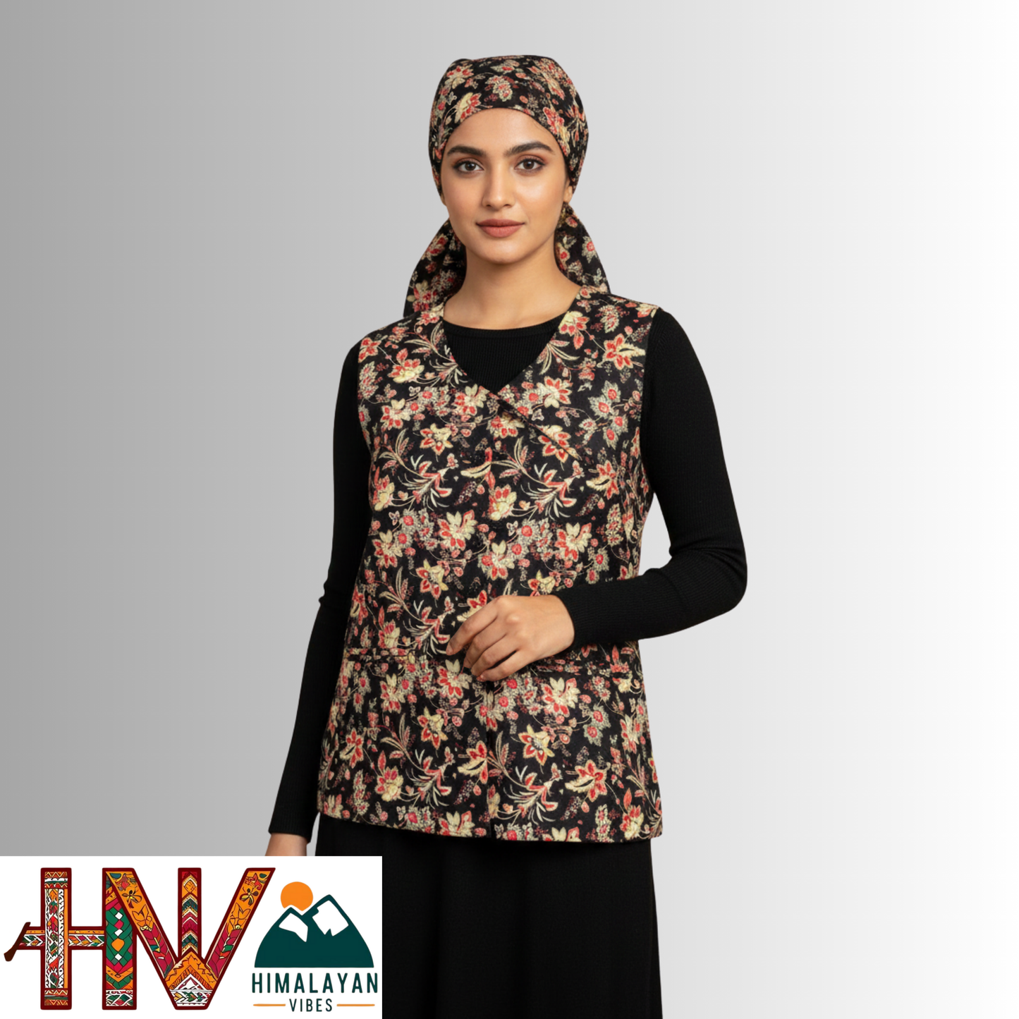 Himalayan Vibes Women's Pashmina Mix - Black & Red Floral Print Sadri-Dhatu Combo