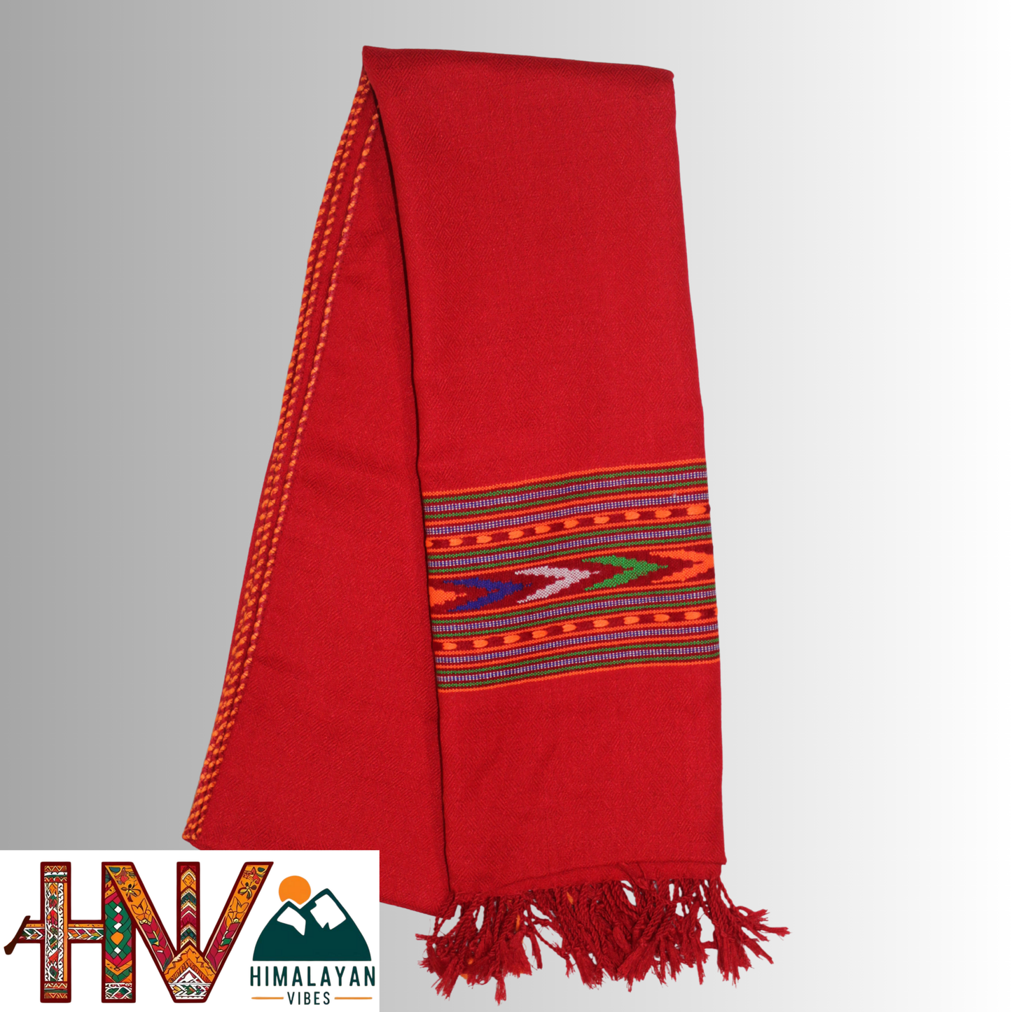 Handwoven Himalayan Red Wool Stole – Red & Blue Striped with Geometric Motif Border By Himalayan Vibes