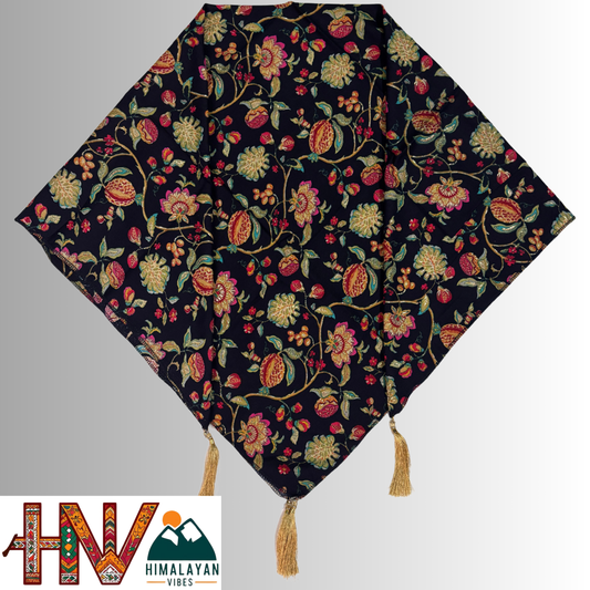 Himalayan Vibes Black Color Himachali Dhatu with Flower Print  - Handcrafted Traditional Head Scarf from Himalayas