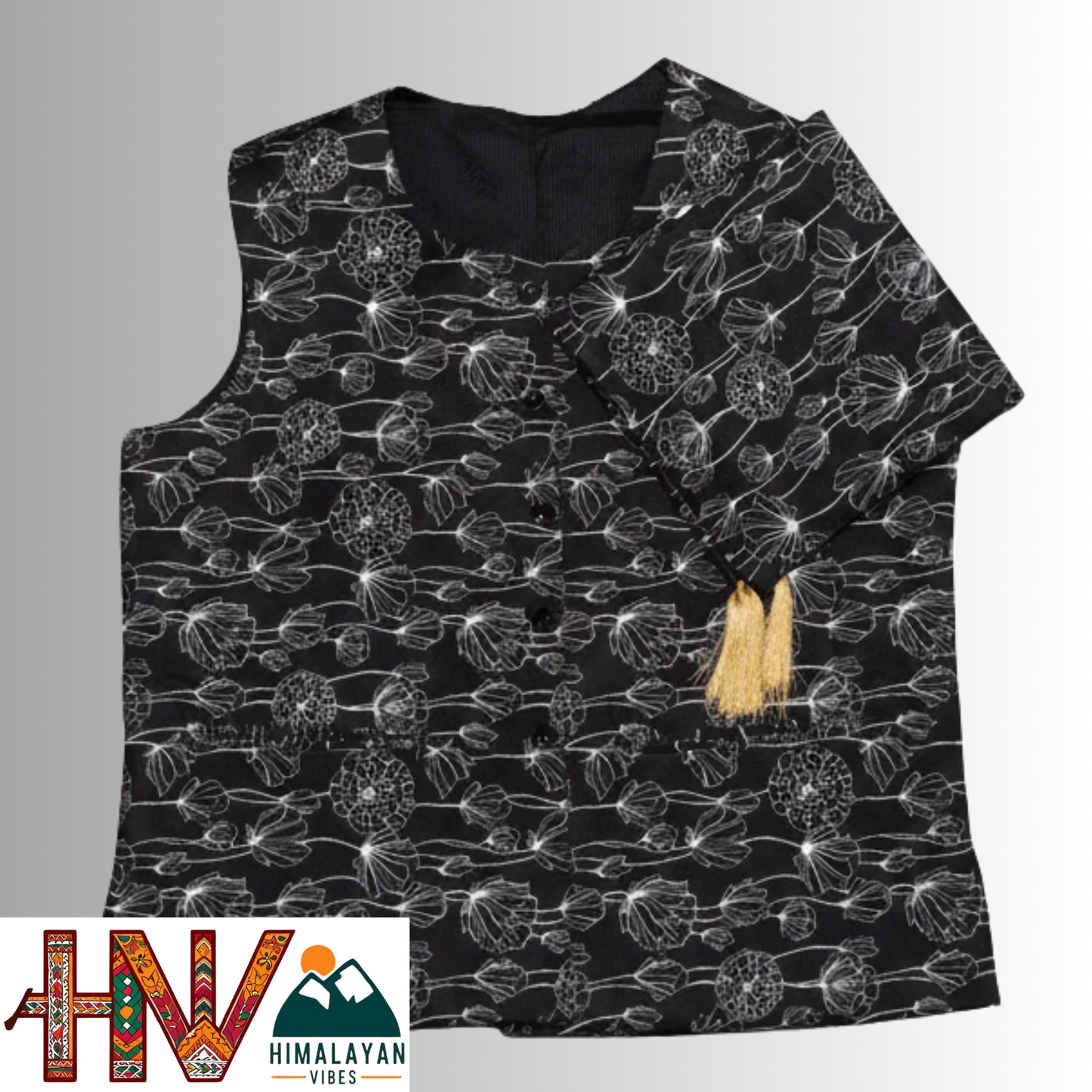 Himalayan Vibes Women's Pashmina Mix - Black & White Floral Print Sadri Dhatu Combo