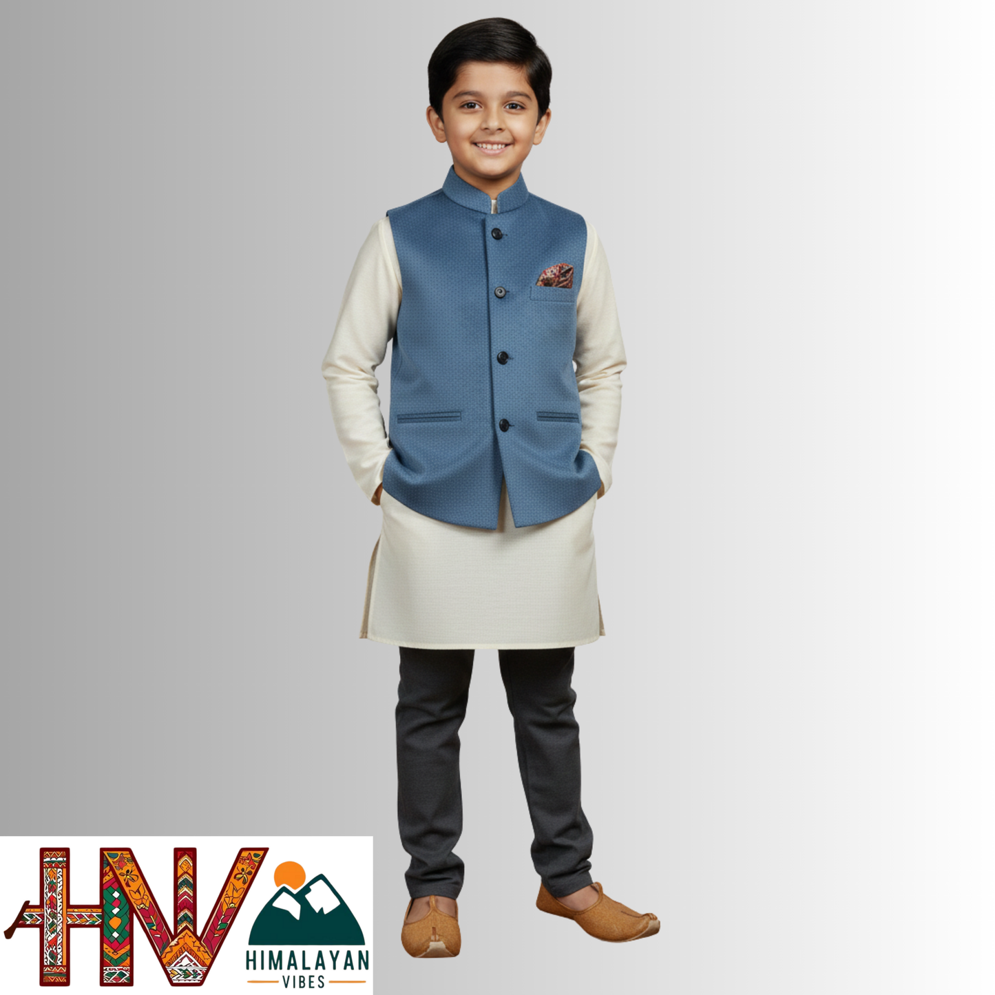 Boys Sleeveless Nehru Jacket in Blue Martin Fabric – Handcrafted Himachali Wool Blend Waistcoat with Designer Pocket Square