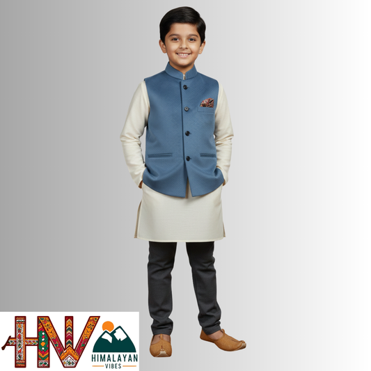 Boys Sleeveless Nehru Jacket in Blue Martin Fabric – Handcrafted Himachali Wool Blend Waistcoat with Designer Pocket Square