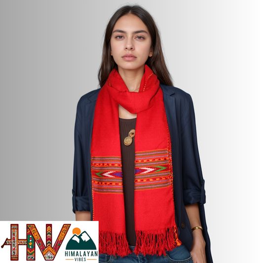 Handwoven Himalayan Red Wool Stole – Red & Blue Striped with Geometric Motif Border By Himalayan Vibes
