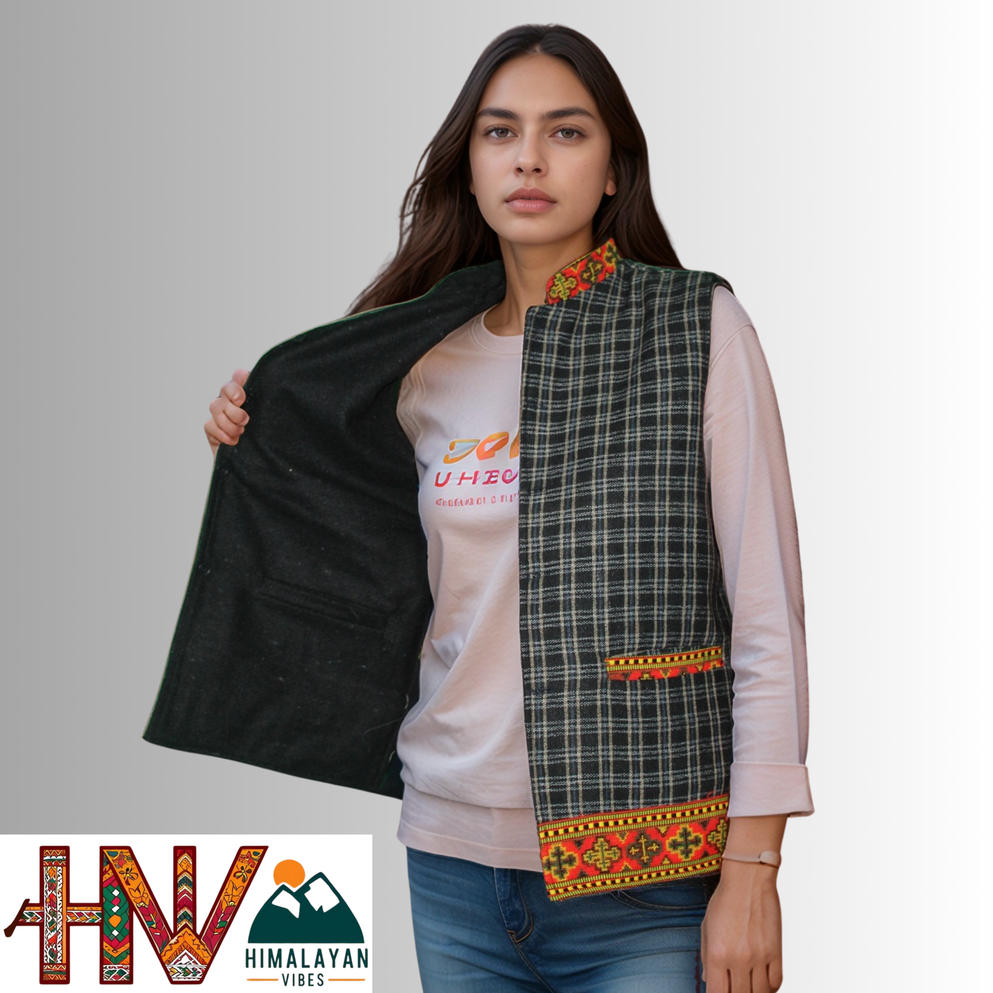 Women's Checked Black Woolen Sadri with Kullu Patti - Elegant Traditional Wear by Himalayan Vibes