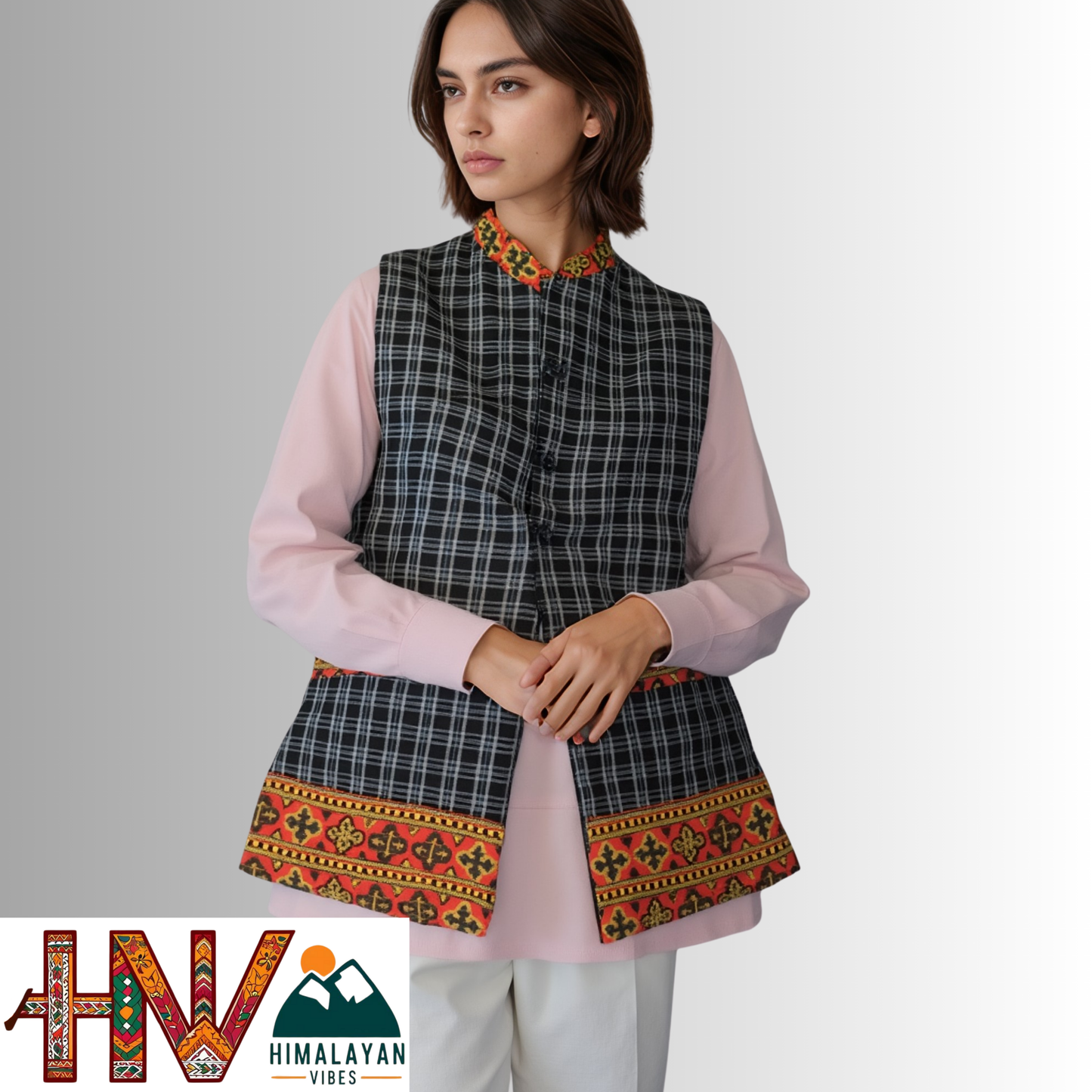 Women's Checked Black Woolen Sadri with Kullu Patti - Elegant Traditional Wear by Himalayan Vibes