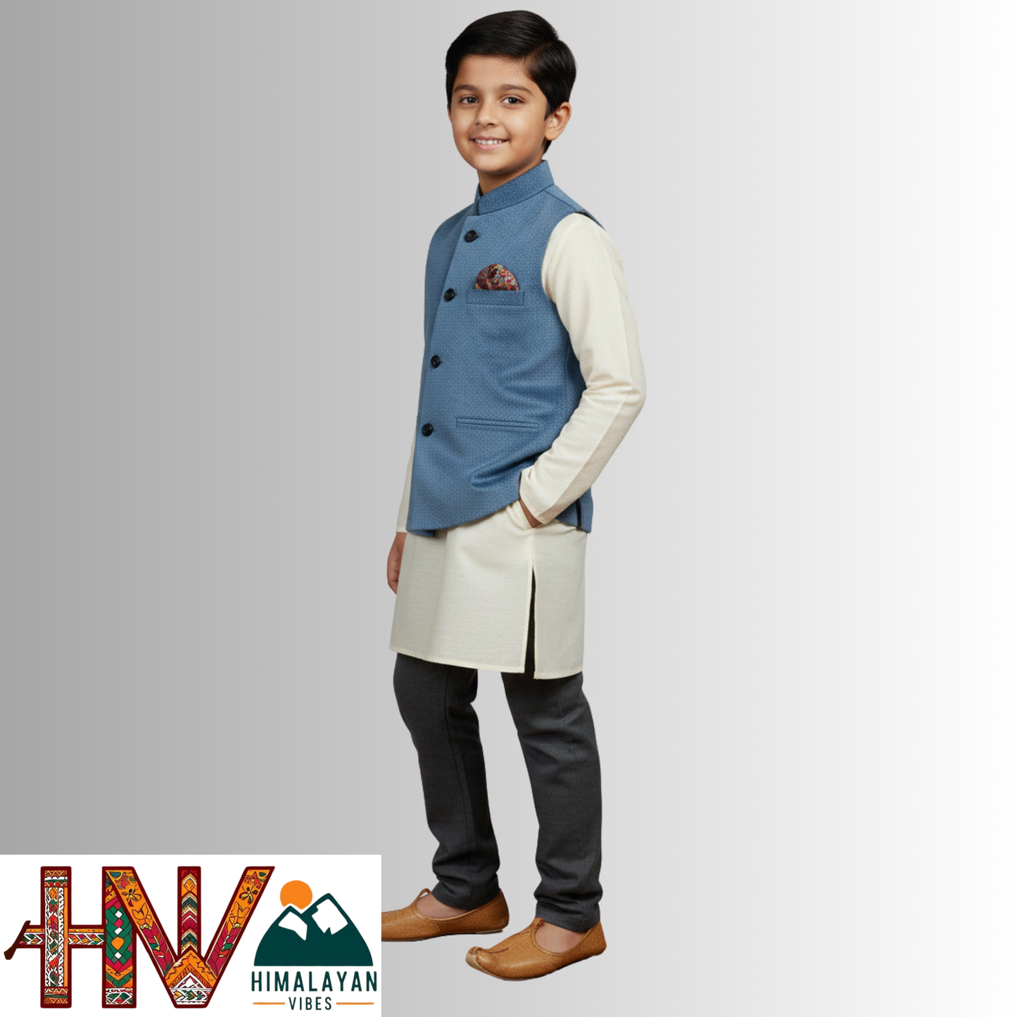 Boys Sleeveless Nehru Jacket in Blue Martin Fabric – Handcrafted Himachali Wool Blend Waistcoat with Designer Pocket Square