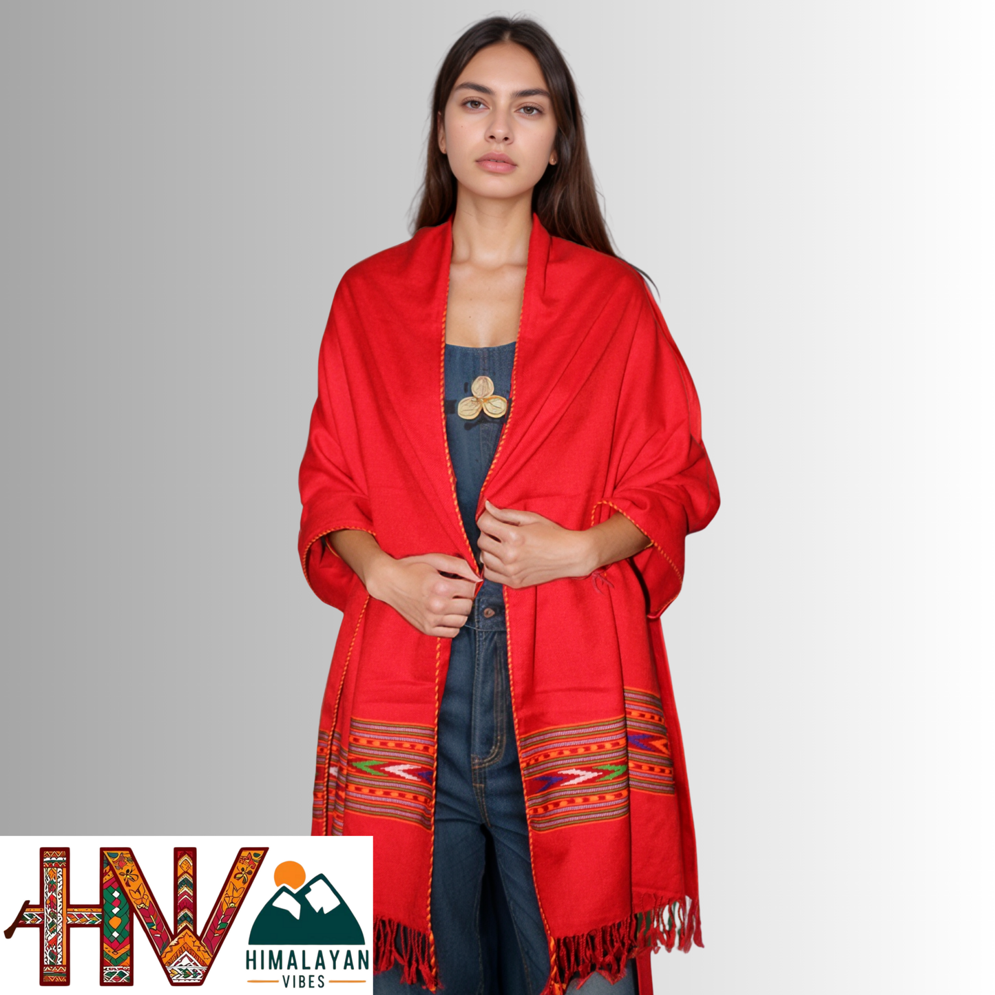Handwoven Himalayan Red Wool Stole – Red & Blue Striped with Geometric Motif Border By Himalayan Vibes