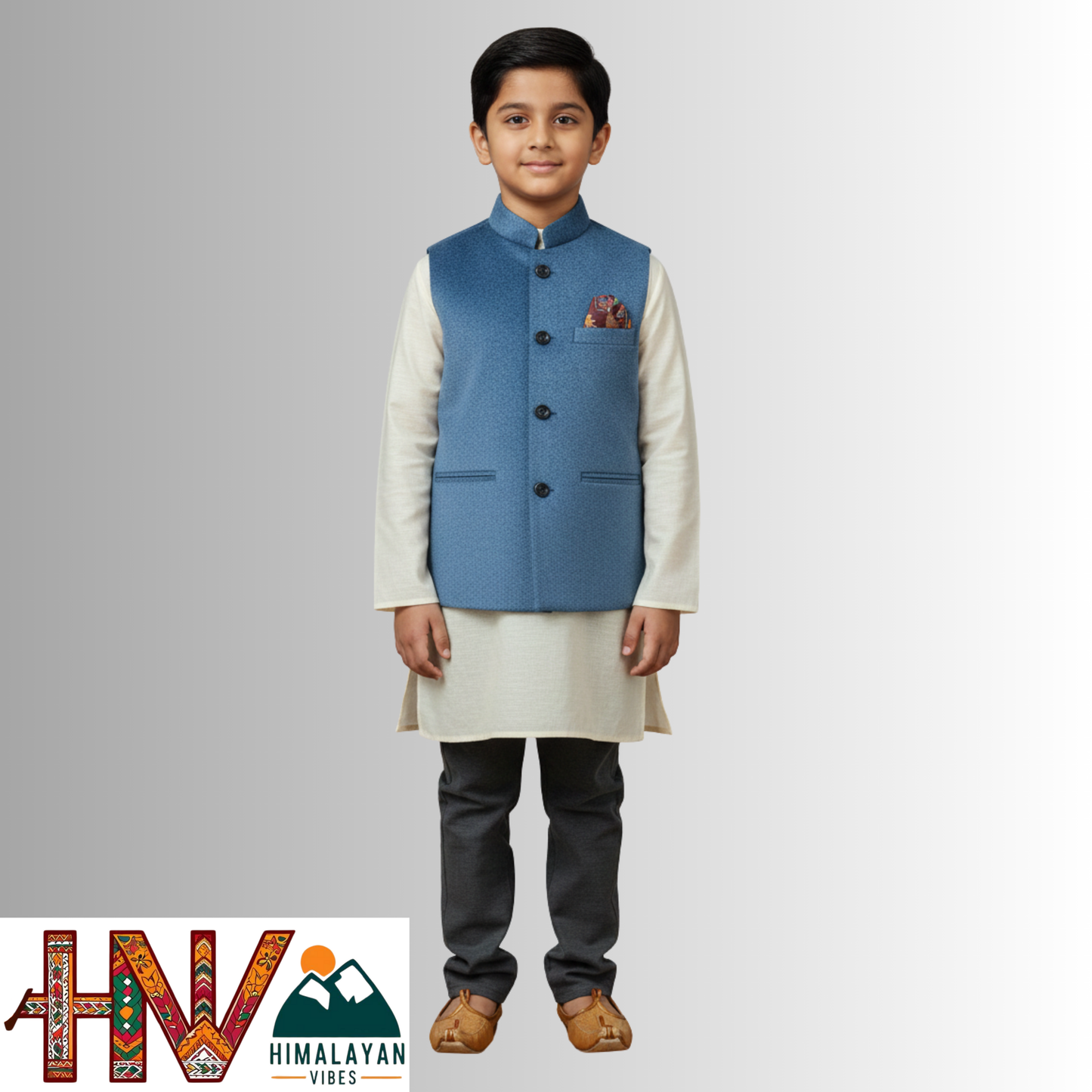 Boys Sleeveless Nehru Jacket in Blue Martin Fabric – Handcrafted Himachali Wool Blend Waistcoat with Designer Pocket Square