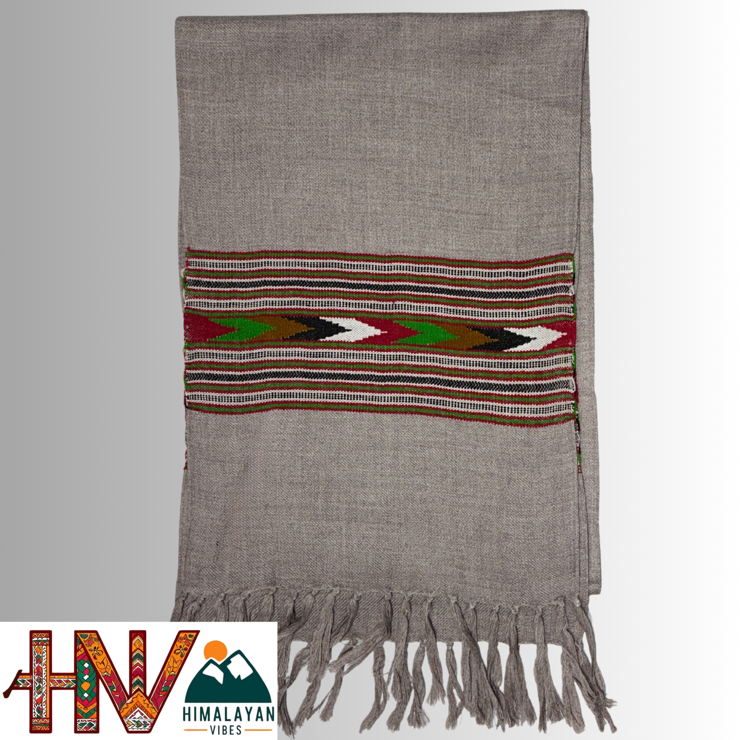 Traditional Kullu Patti Design Wool Muffler | Smoky Lavender Handloom Scarf with Vibrant Geometric Strip By Himalayan Vibes