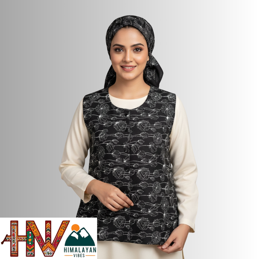 Himalayan Vibes Women's Pashmina Mix - Black & White Floral Print Sadri Dhatu Combo