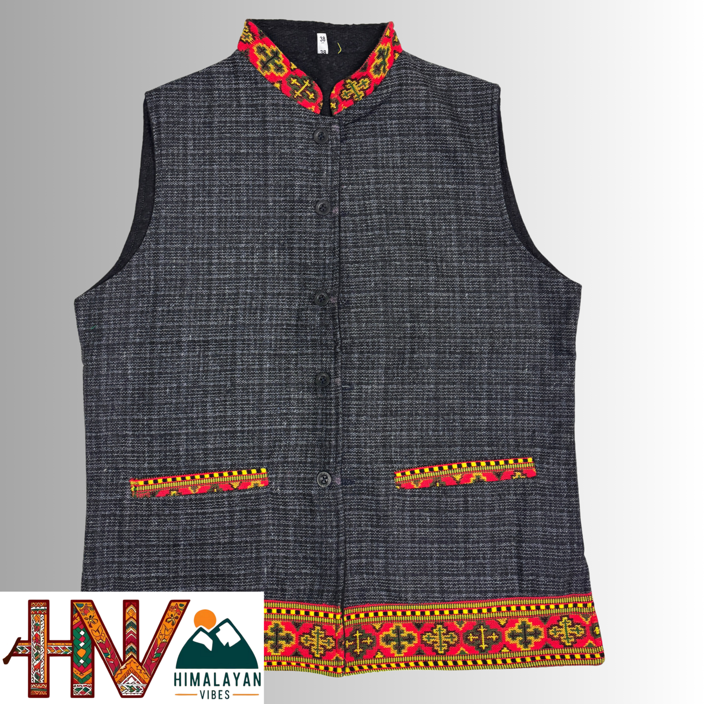 Women's Black Woolen Sadri with Kullu Patti - Elegant Traditional Wear by Himalayan Vibes