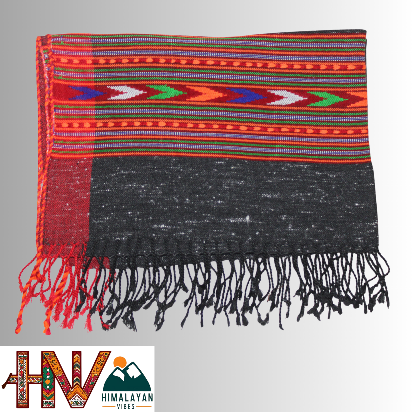 Handwoven Himalayan Black Wool Stole – Red & Blue Striped with Red Border By Himalayan Vibes