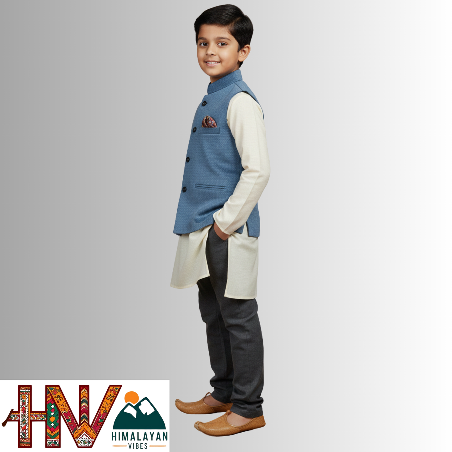Boys Sleeveless Nehru Jacket in Blue Martin Fabric – Handcrafted Himachali Wool Blend Waistcoat with Designer Pocket Square