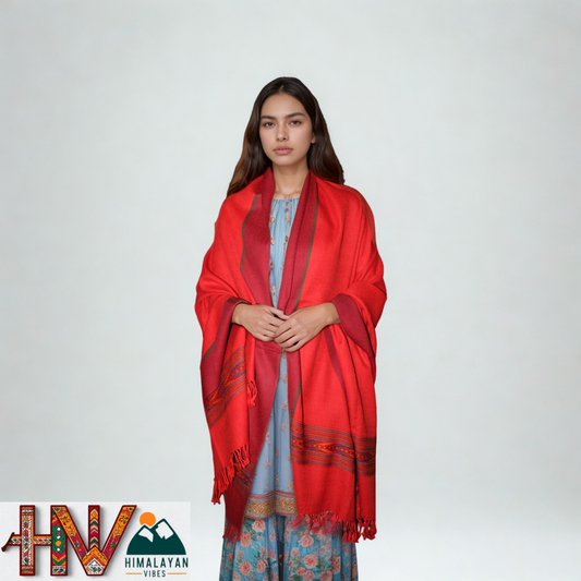 Handwoven Red Kullu Shawl with dark red border – 100% Pure Sheep Wool with Traditional Himalayan Craftsmanship
