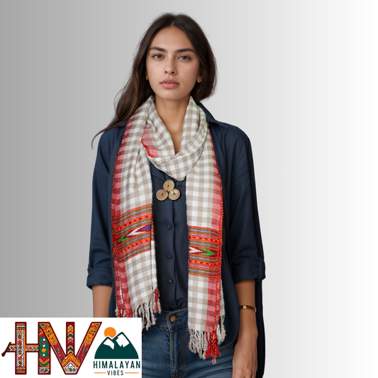 Handwoven White & Grey Checked Wool Stole – With Kullu Patti Border By Himalayan Vibes