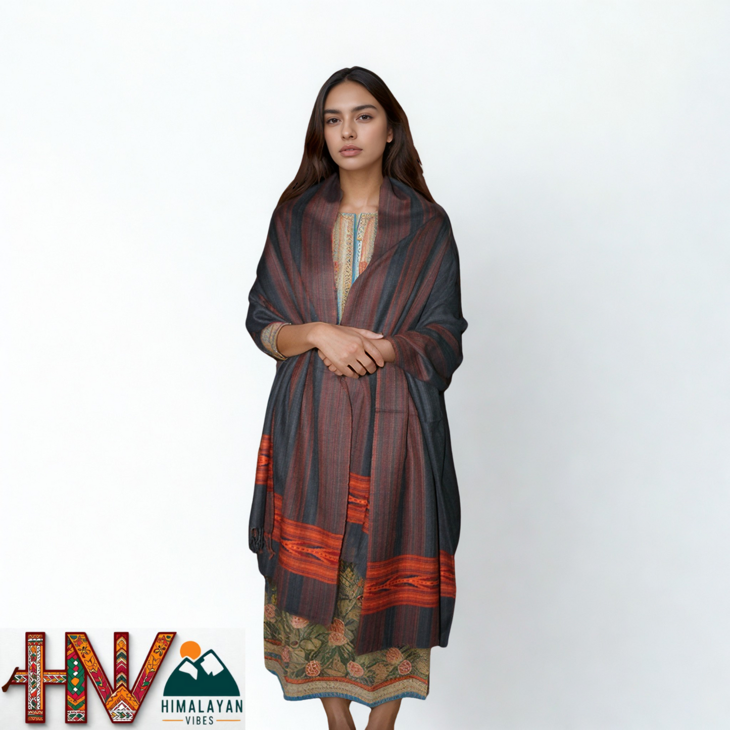 Handwoven Dark grey Kullu Shawl – 100% Pure Sheep Wool with Traditional Himalayan Craftsmanship