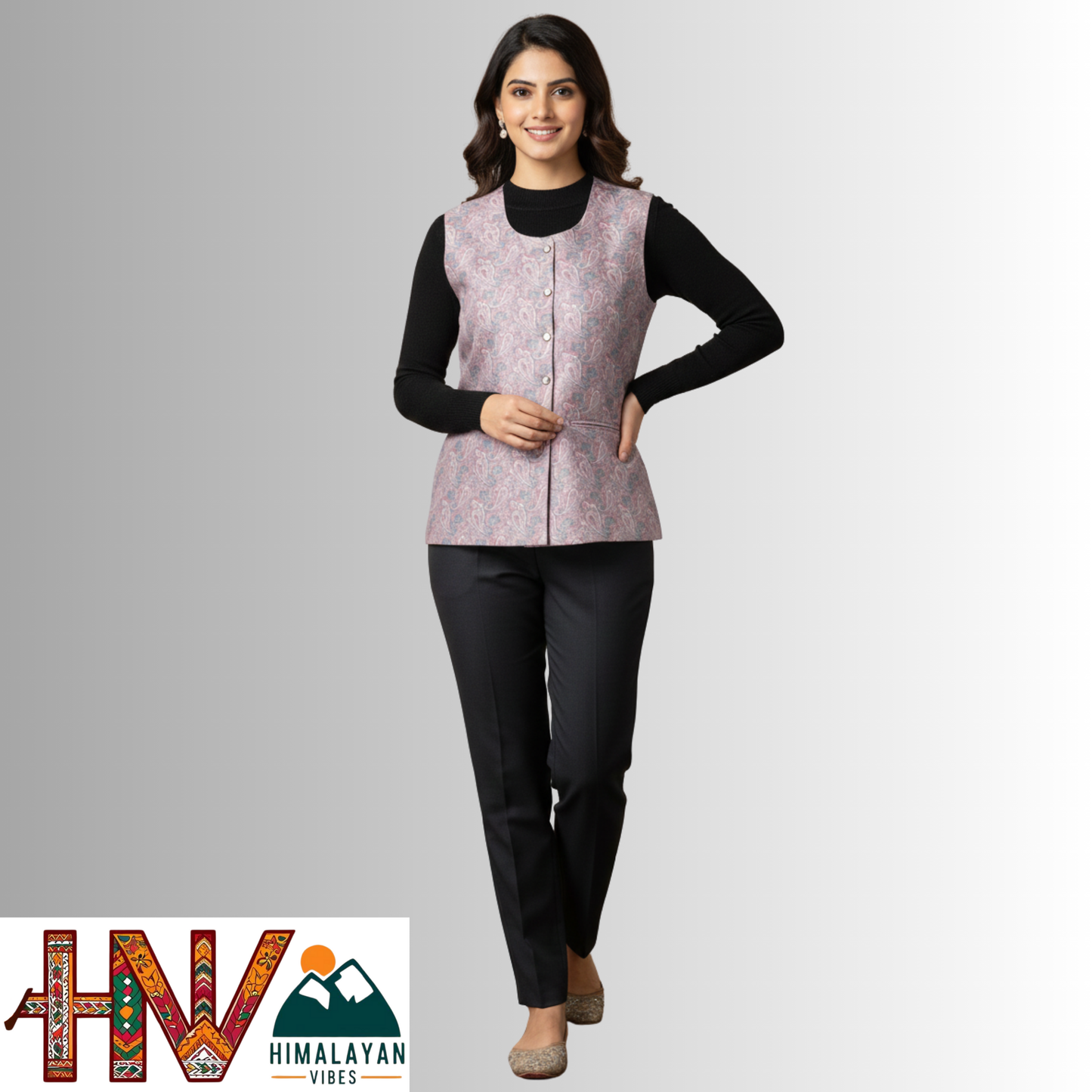 Himalayan Vibes Women's Pashmina Mix Sadri - Mint Green Paisley Print