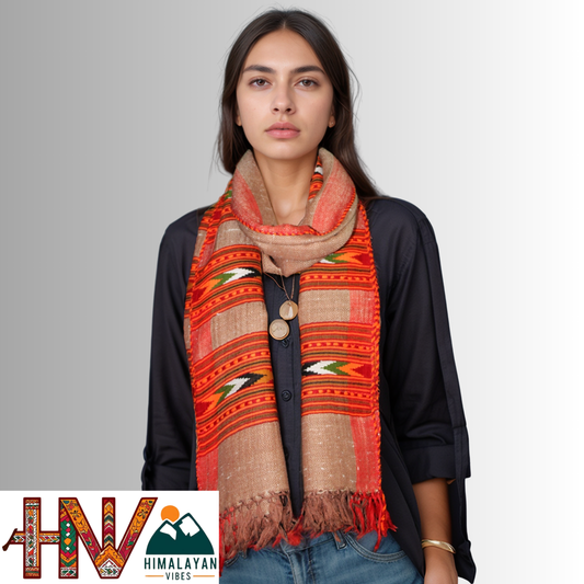 Handwoven caremel Kullu Woolen Stole with Traditional Kullu 3 Patti Design in Vibrant Red Border– Handwoven Elegance By Himalayan Vibes