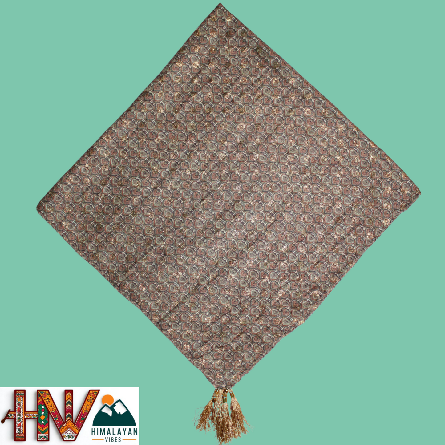 Alpine Grey Color Printed Gold  Himachali Dhatu - Handcrafted Traditional Head Scarf from Himalayas