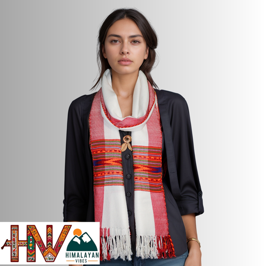 Handwoven White Kullu Woolen Stole with Traditional Kullu Patti Design and Red Border– Handwoven Elegance By Himalayan Vibes