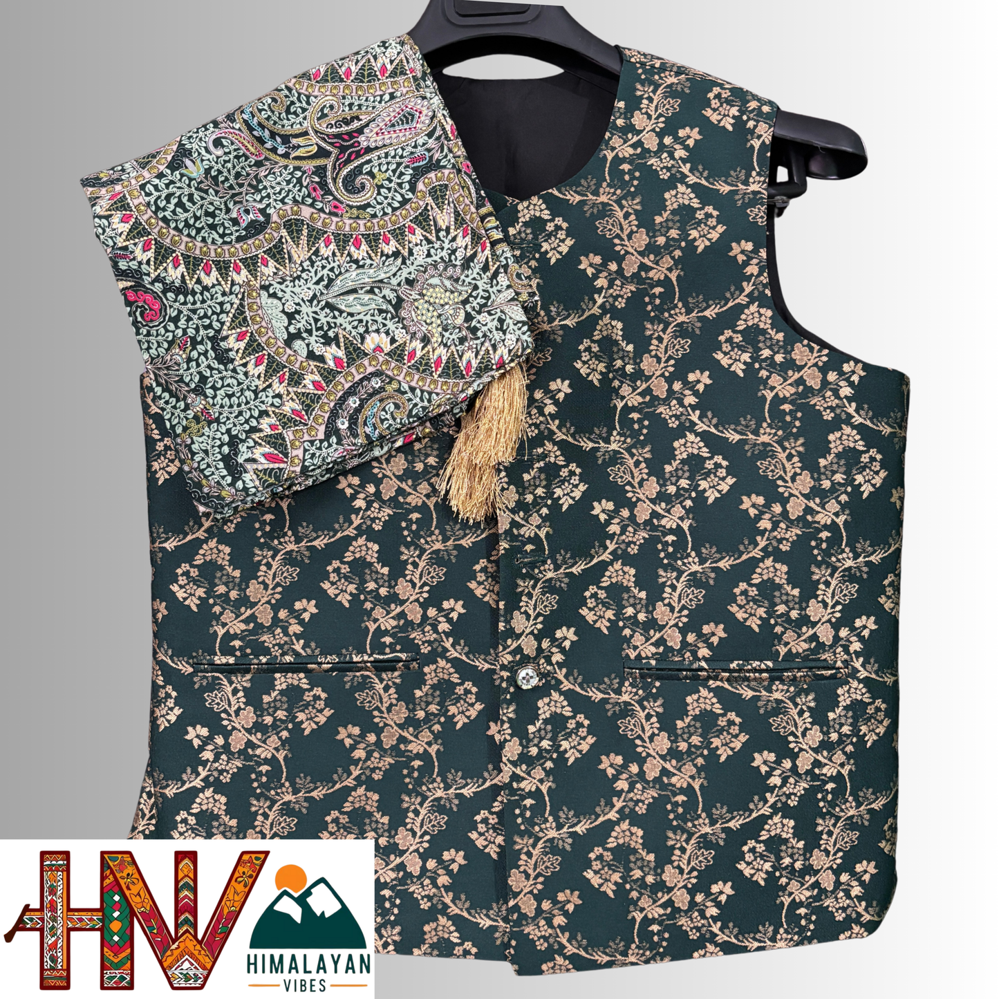 Himalayan Vibes Green Brocade Sadri and Green printed Dhatu Combo.