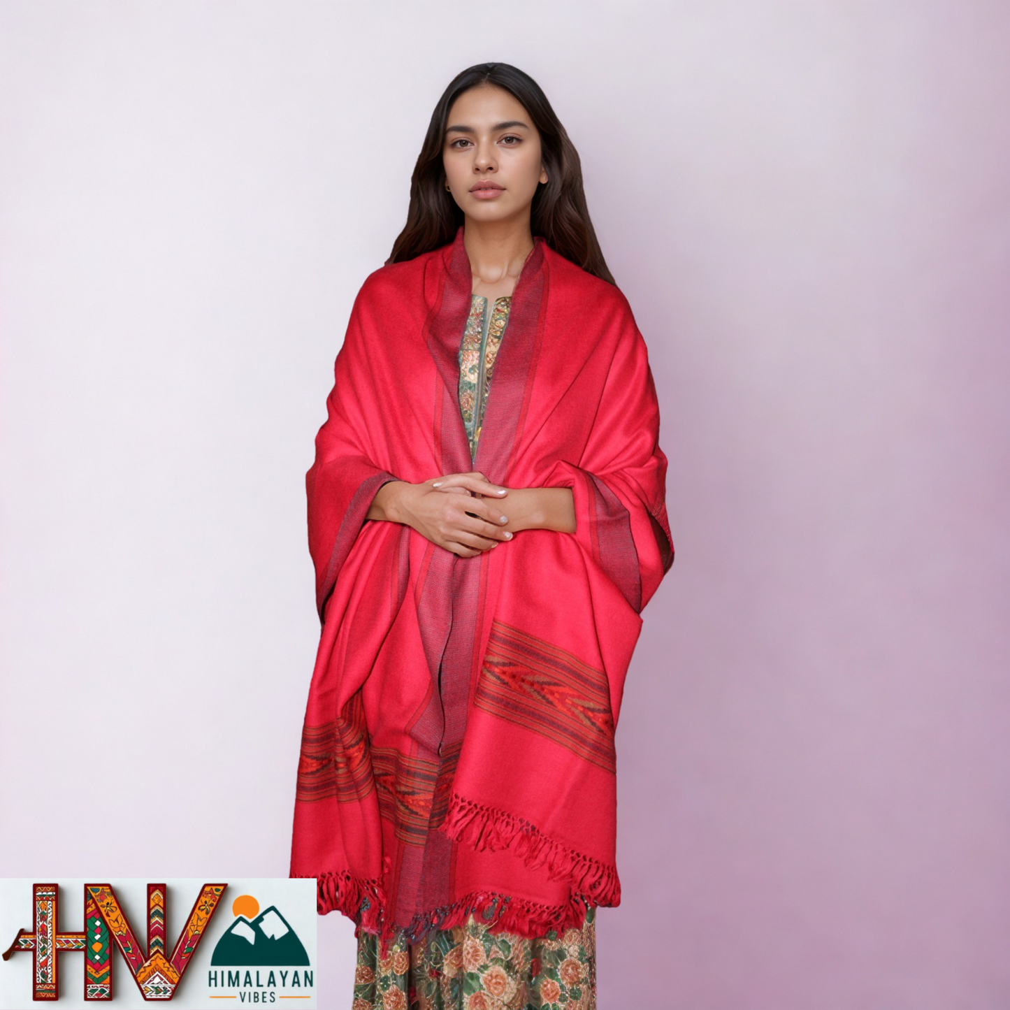 Handwoven Red Kullu Shawl With blue & Red Border– 100% Pure Sheep Wool with Traditional Himalayan Craftsmanship