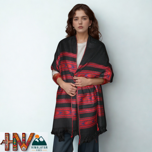 Handwoven Himalayan Black Wool Stole – Red & Blue Striped with Geometric Motif Border
