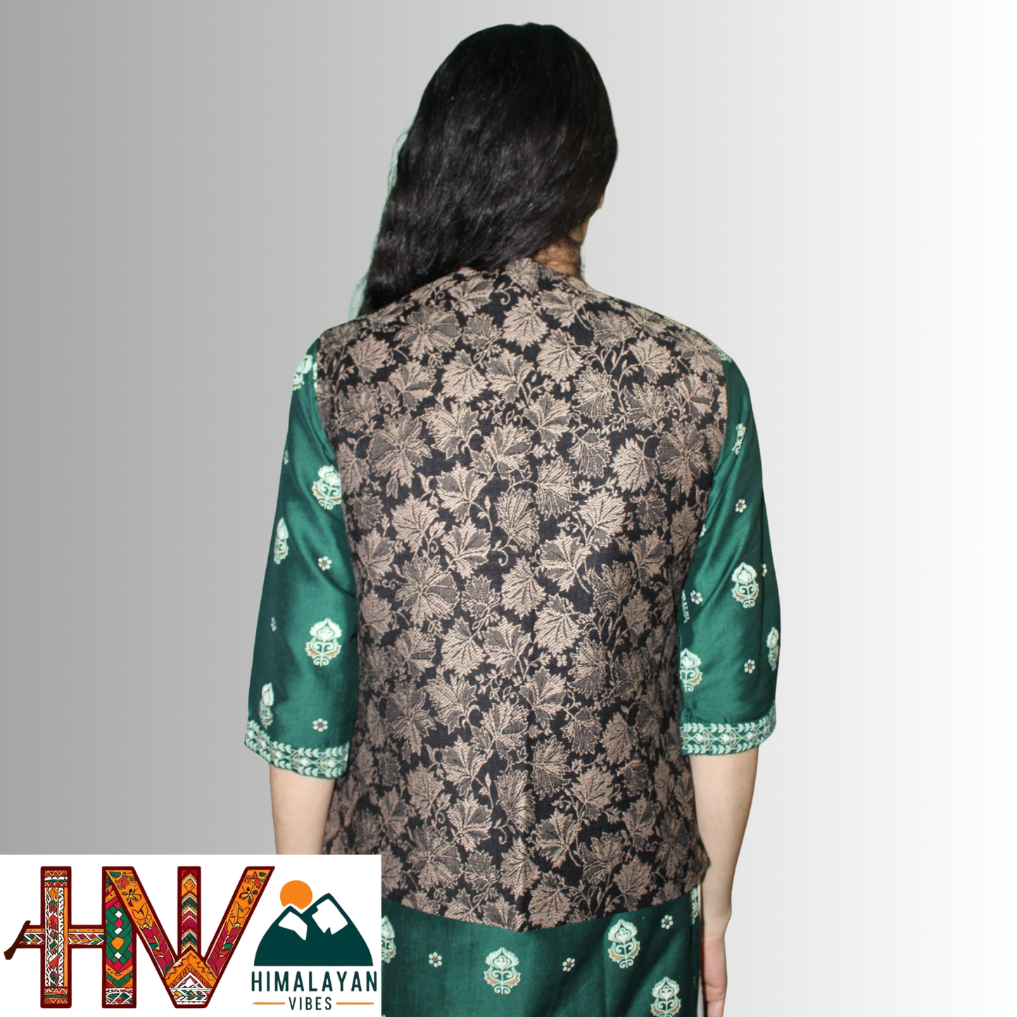 Women Pashmina Blend Black Color Himachali Sadri with Leaf pattern – Traditional Waistcoat by Himalayan Vibes
